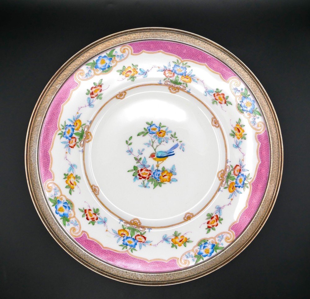 Minton England Hand Painted Plate Silver Rim Pink with Blue Bird & Flowers 11