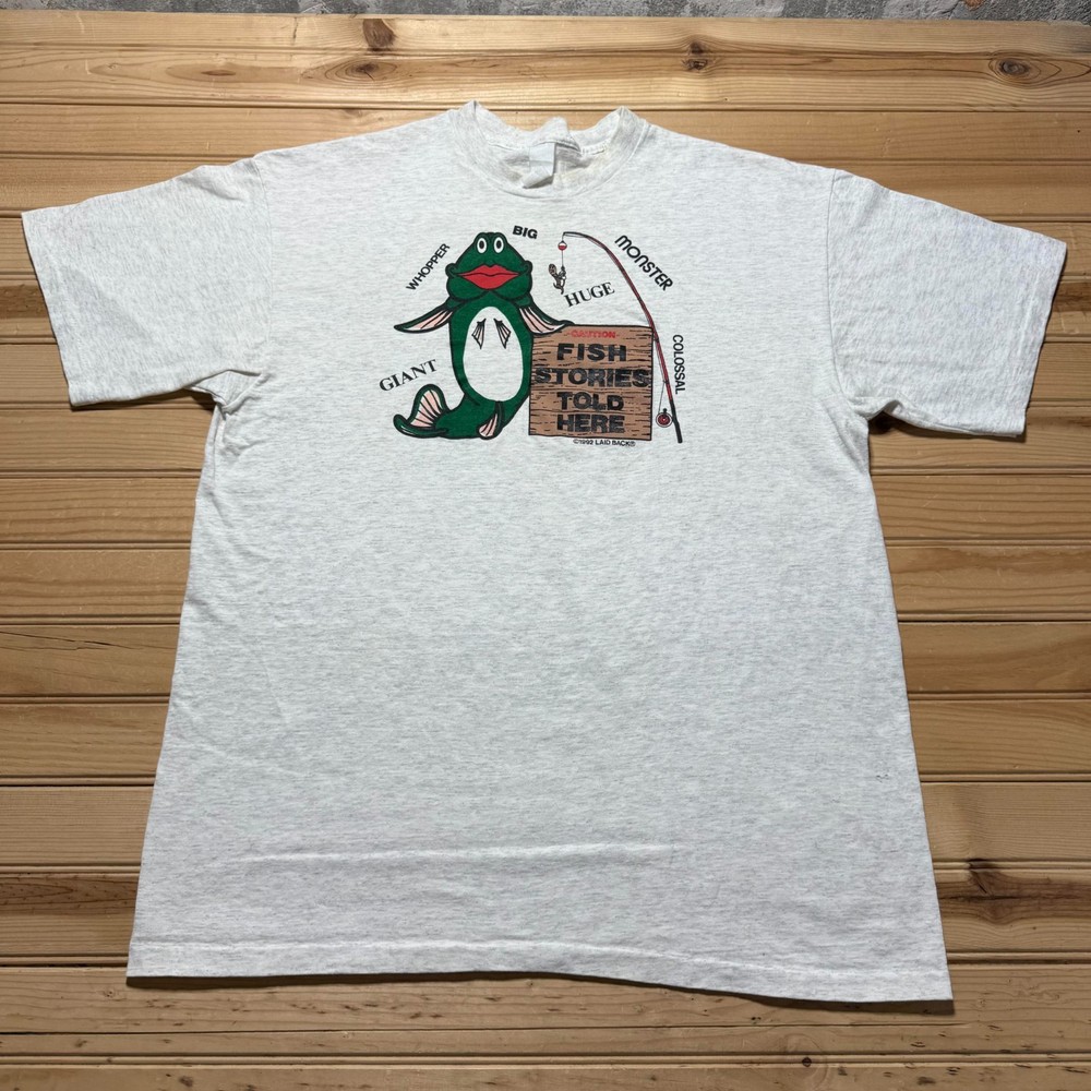 Vintage 90s 1992 Fish Stories Cartoon Fish Funny Outdoors T-Shirt - Size Large