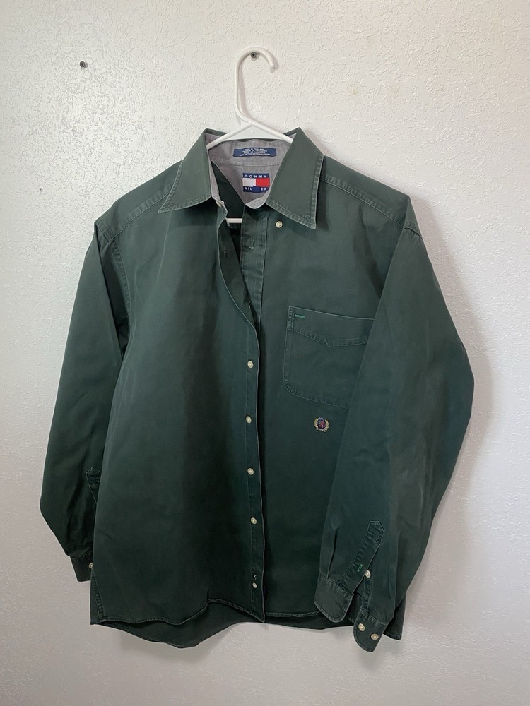 Size Medium Vintage 90s Tommy Hilfiger Crest Button Green Long Sleeve Shirt