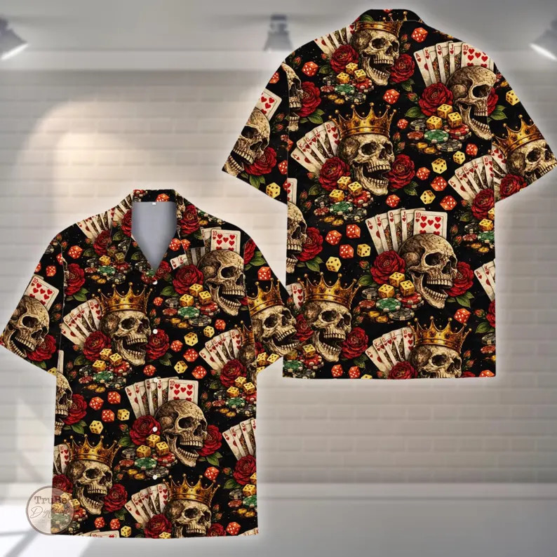 Vintage Skull Poker Hawaii Shirt Men Aloha Beach Summer Holiday Gift