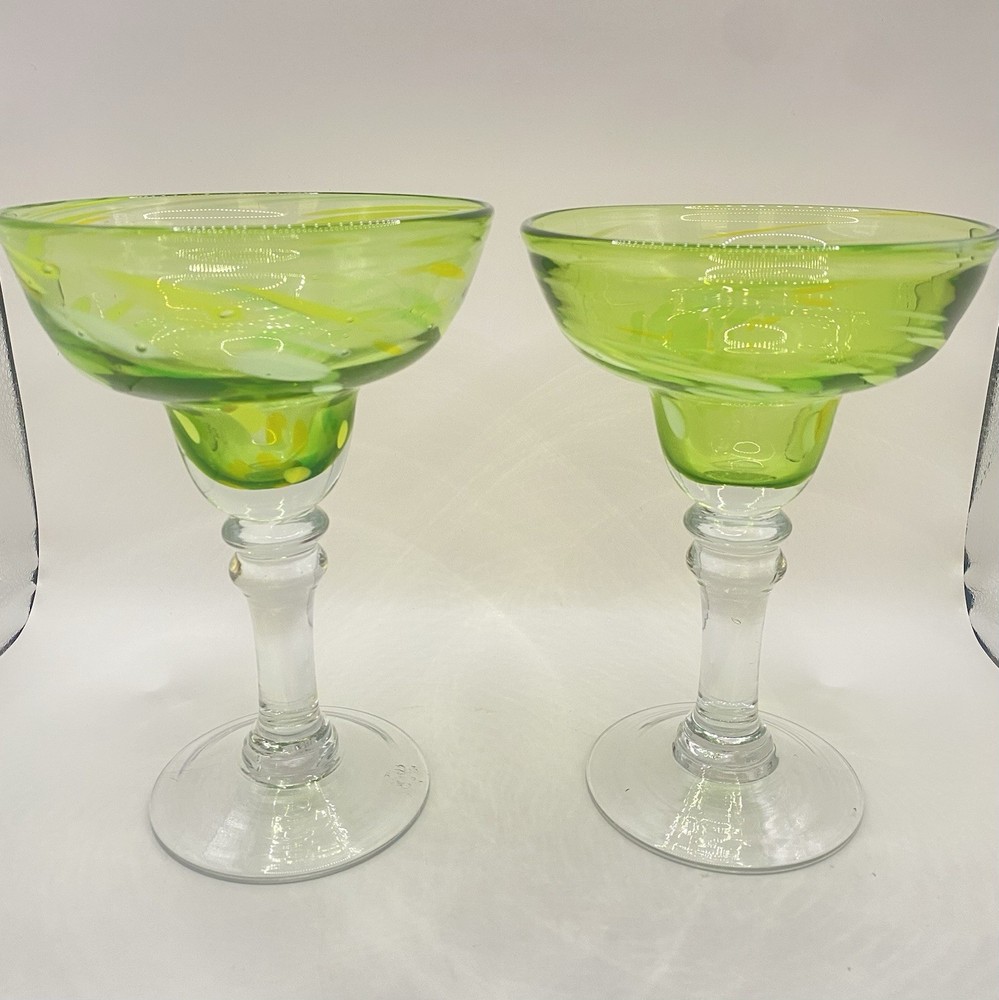 Pair Of Hand blown Green And Yellow Margarita Glasses With Clear Glass Base 7”