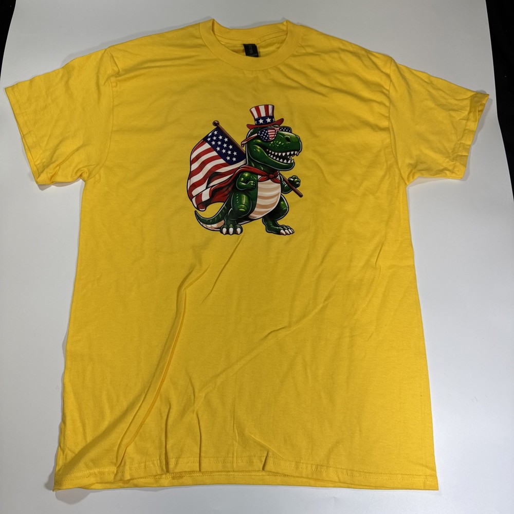 T-Rex USA 4th Of July T-shirt Size Medium Unisex Tee Yellow Funny Humor Patriot