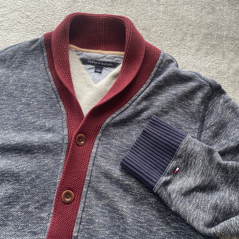 Tommy Hilfiger Mens Slim Fit Blue Button-Up Cardigan Sweater Long Sleeve Large