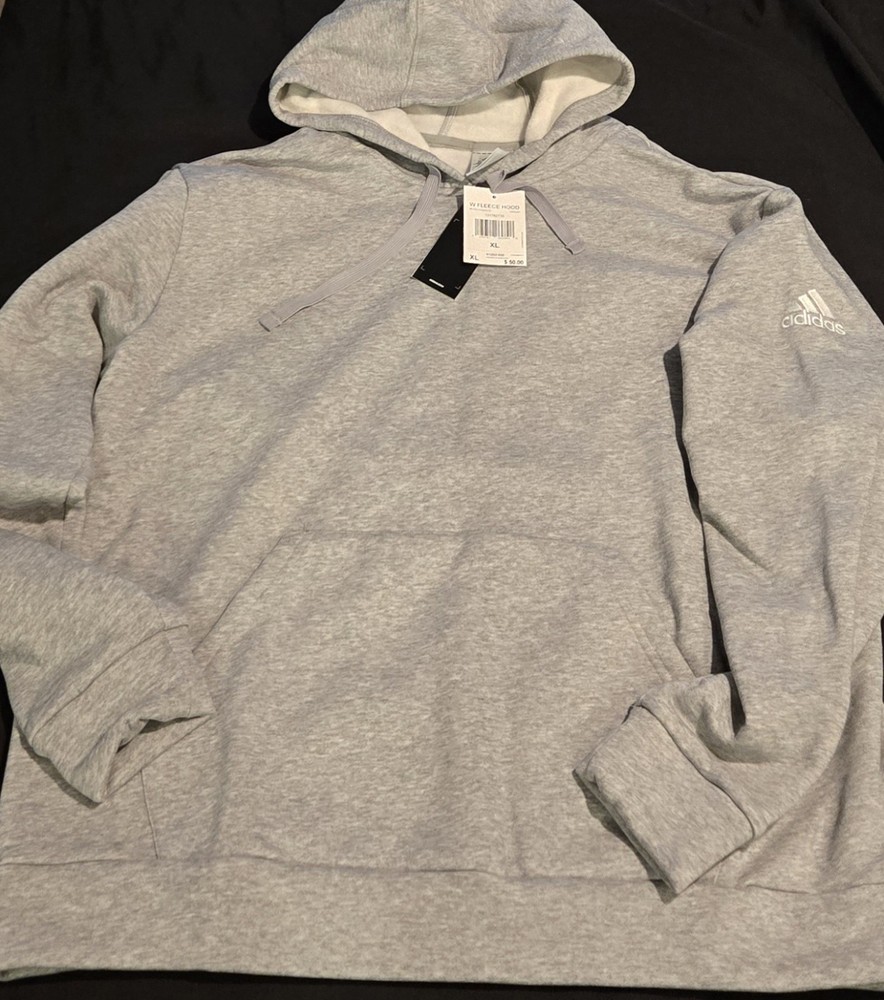 Adidas XL Fleece Hoodie Women Medium Grey White Sweatshirt Pullover Hood HR8491