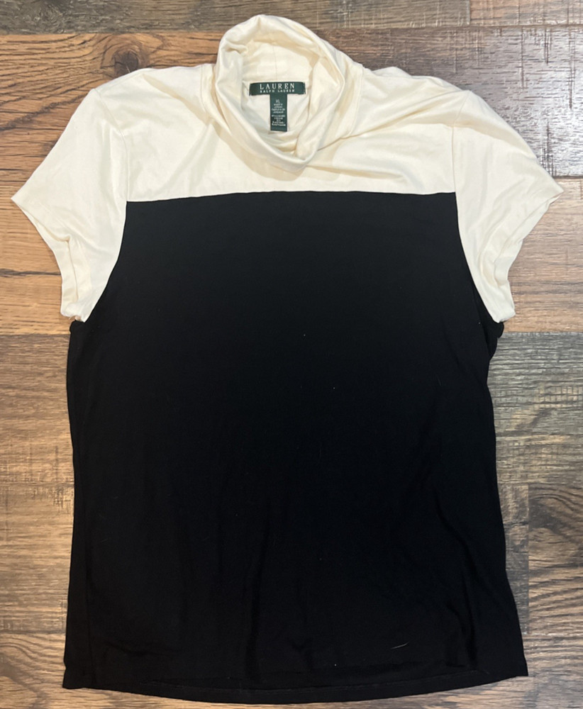 RALPH LAUREN women’s beautiful Black Ivory Short Sleeve Turtleneck Top Sz XL