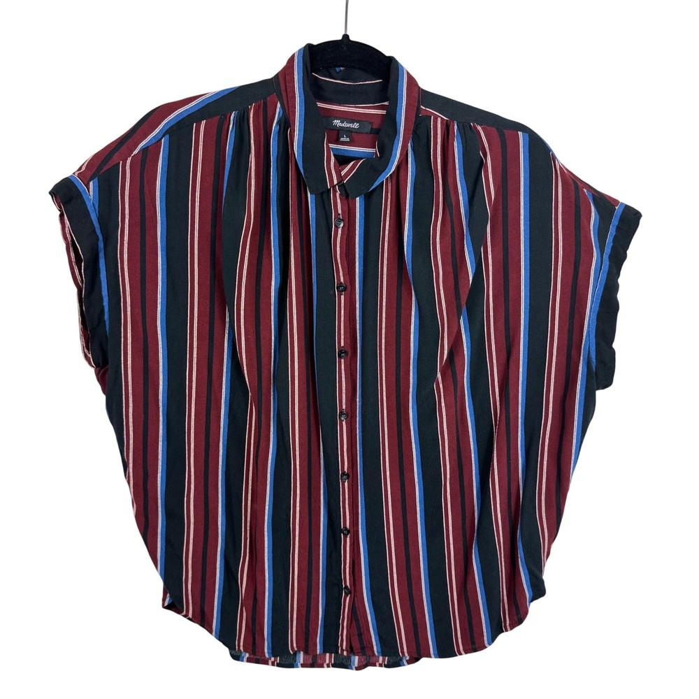 Madewell Women Large Menway Stripe Central Drapey Short Sleeve Button Down Shirt