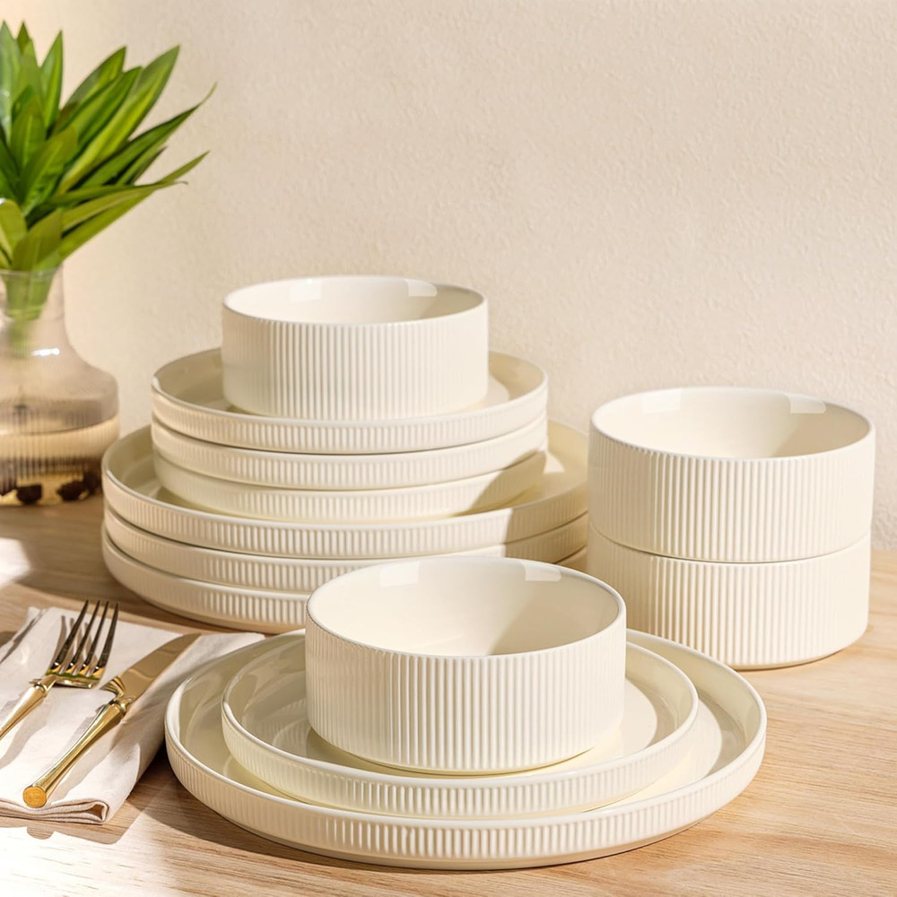 Ceramic Dinnerware Sets for 4, 12 Pieces Porcelain Lightweight Plates and Bowls