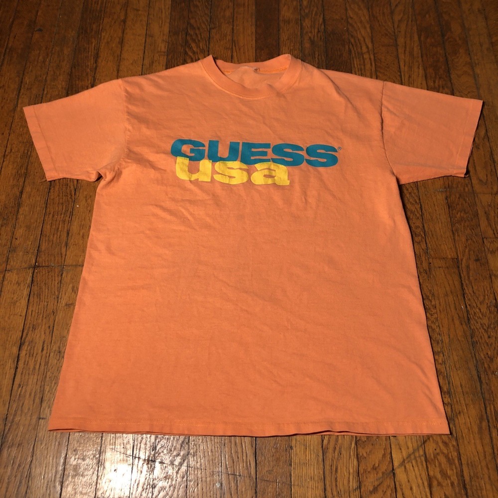 Vintage 90s Guess USA T-Shirt Men’s Size XL Peach Orange Single Stitch Retro