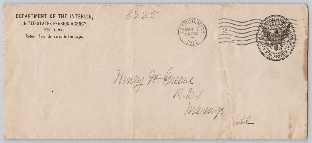 Detroit, MI — U.S. Pension Agency, Official Gov't Envelope, — 1912 — $300