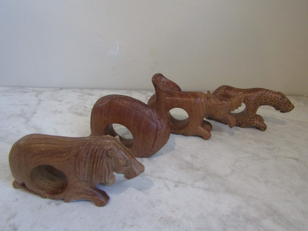 Vintage Wooden Safari African Animal Napkin Rings Hand Carved Set of 4
