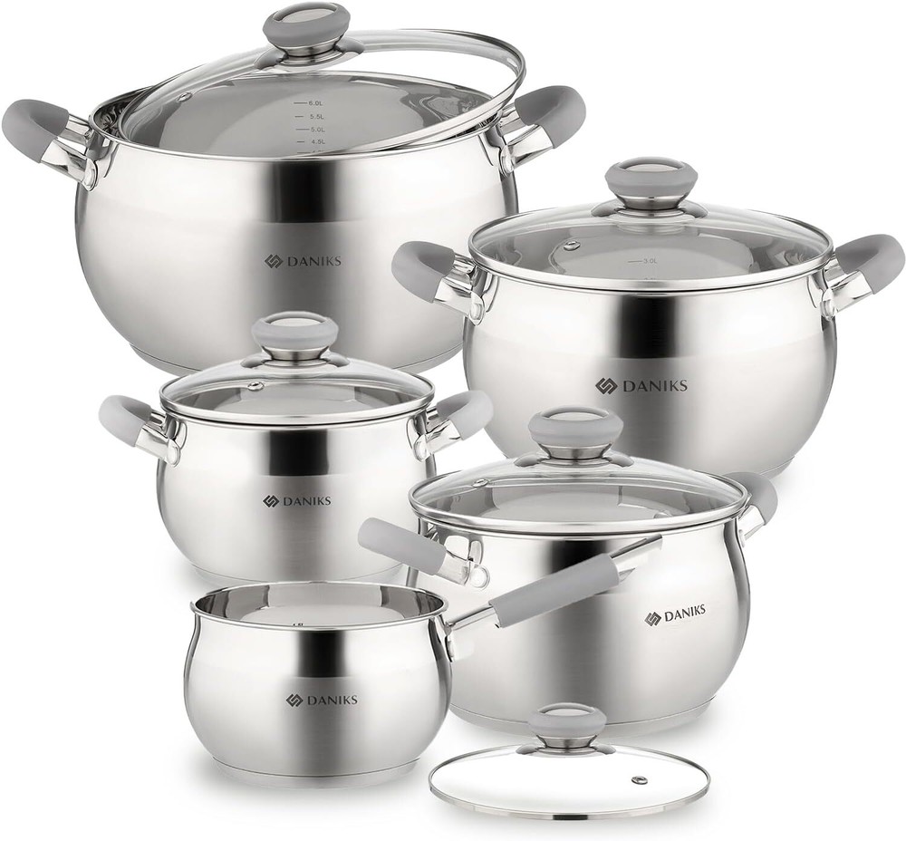 Daniks Modern Stainless Steel Kitchen Induction Pot Cookware Set | 10-Piece | Di