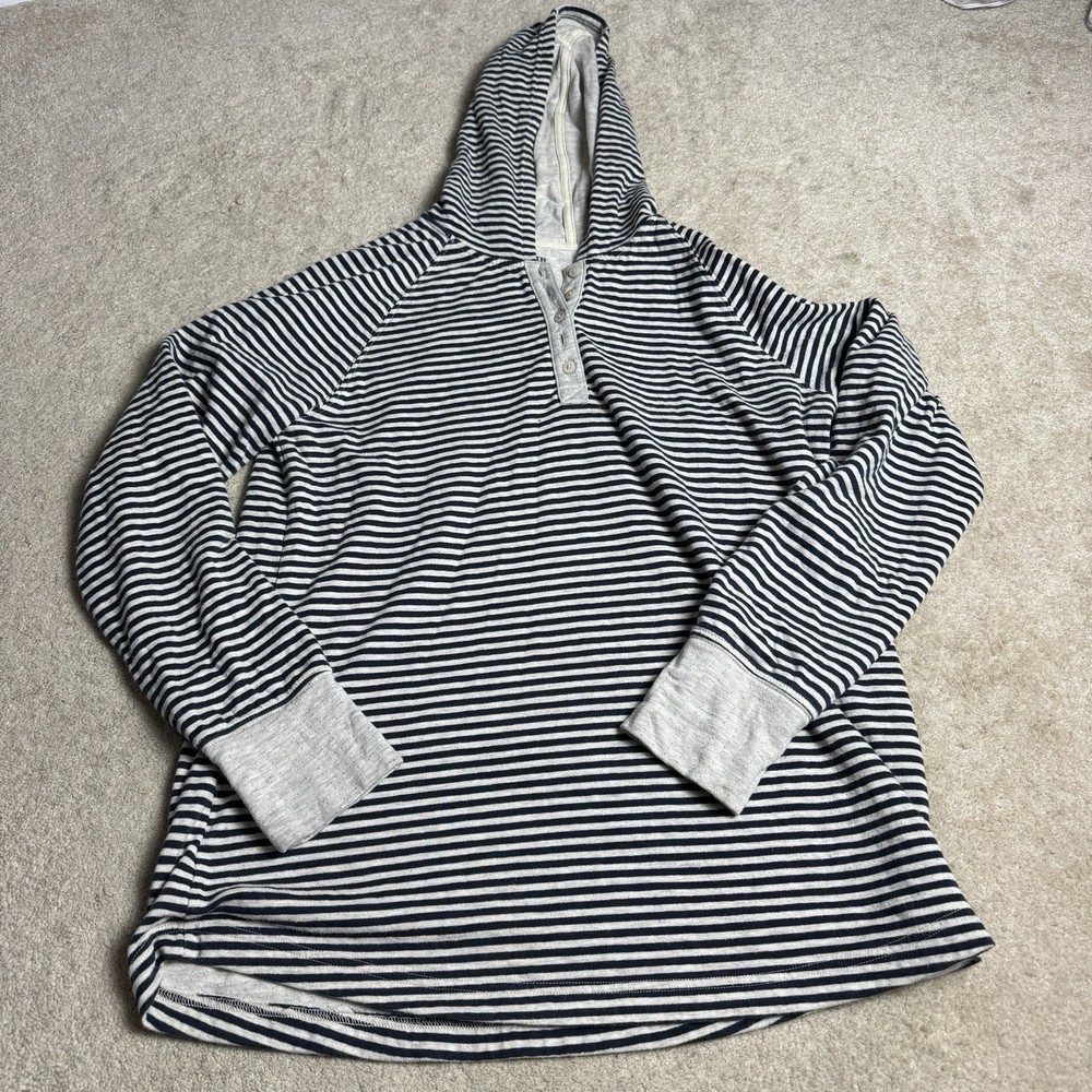 Duluth Trading Co Womens Striped Hoodie Pullover Sweatshirt Large Gray