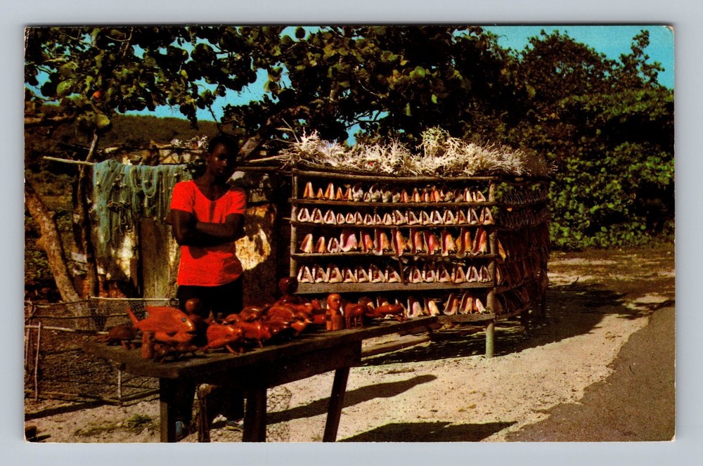 Jamaica- Conch Shells Coral & Carvings Vendor Souvenir Post PC Vintage Postcard