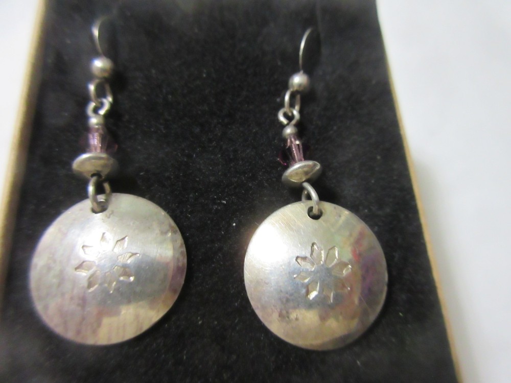 Vintage Sterling Purple Crystal Etched Drops Dangles Pierced Earrings Hooks