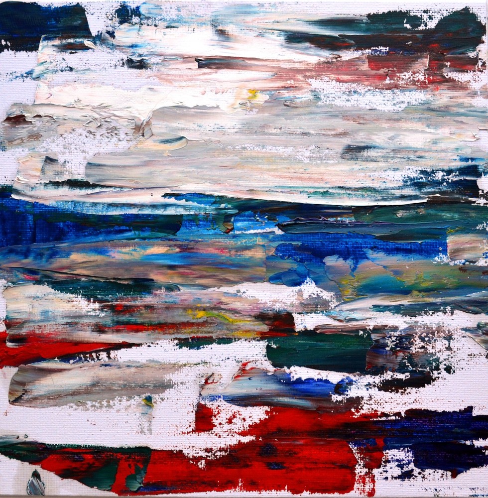 Vibrant Abstract Art with Textured Brushstrokes in Red, Blue, and White Horizontal Lines