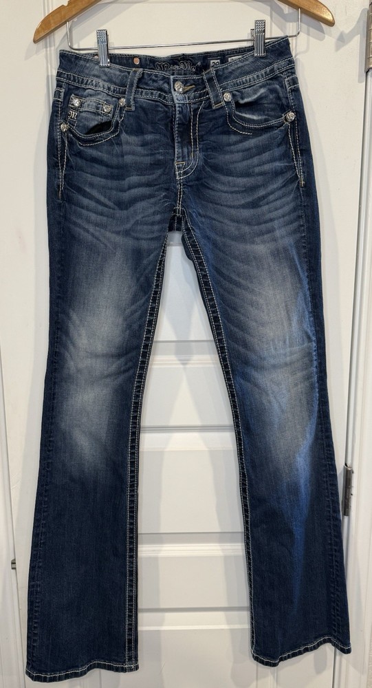 Miss Me Jeans 29 Signature Rise Boot Cut Dark Wash Embellished Pockets