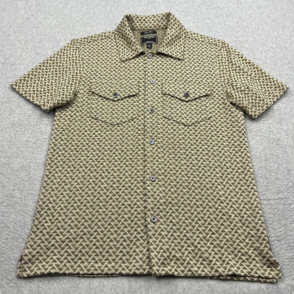 Todd Snyder Knit Button Up Men's XS Beige Linen Geometric Jaquard Italian Shirt