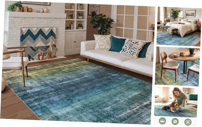 Abstract 8x10 Washable Distressed Rug for Bedroom or Living Room-image