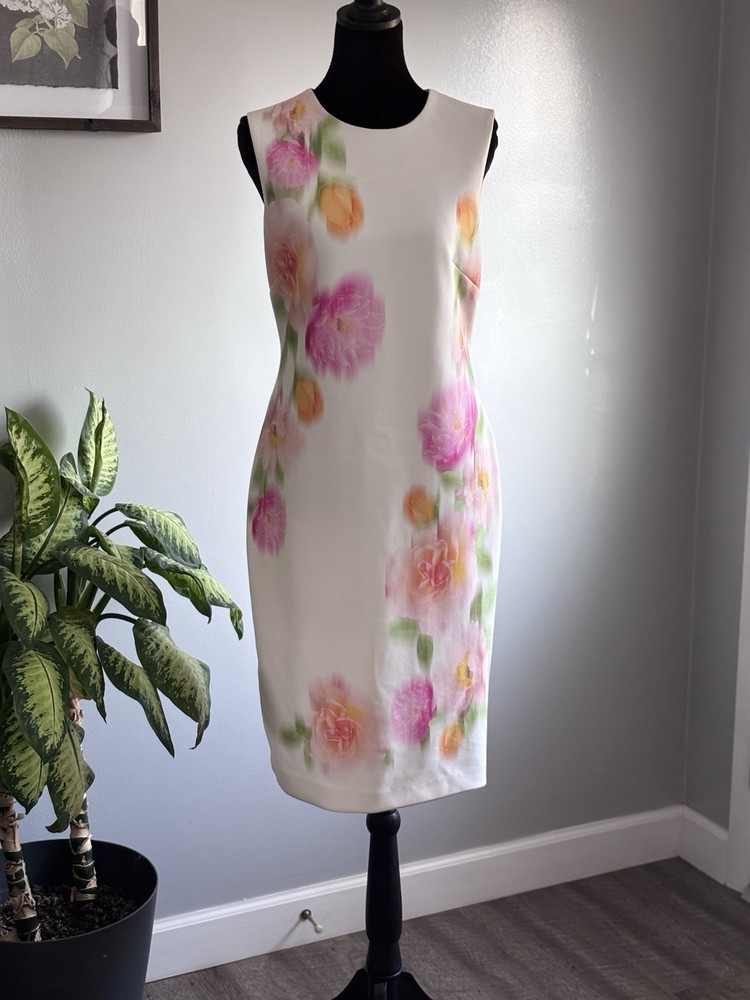 Calvin Klein White Floral Sleeveless Scoop Neck Zip Knee Sheath Dress 8