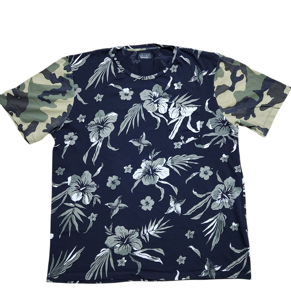 Zara Man XL Men Abstract Floral Camo T-Shirt Short Sleeve Streetwear Graphic Tee-image