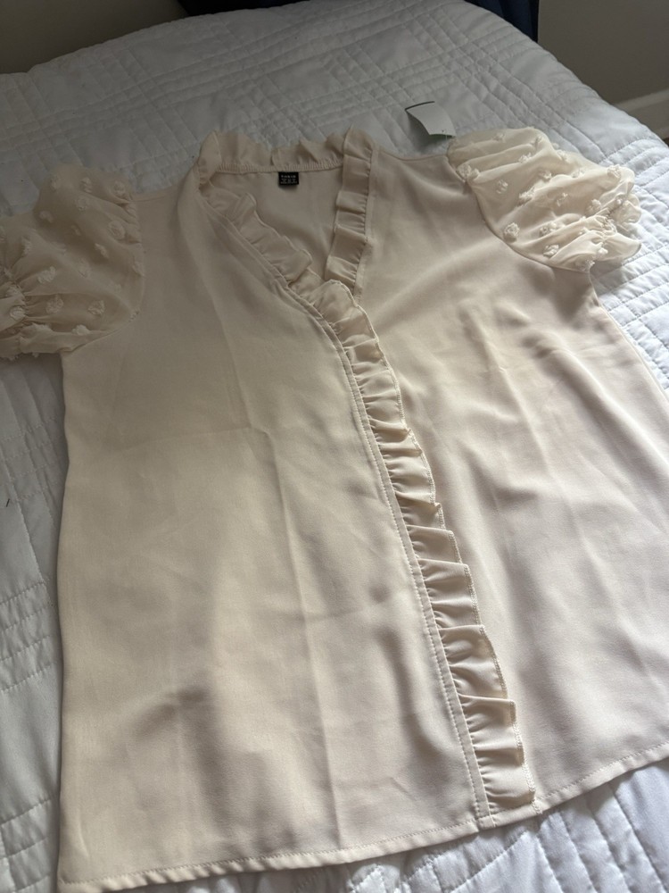 SHEIN Women’s Cream Ruffle Blouse Puff Sleeve Elegant Casual Top Size M