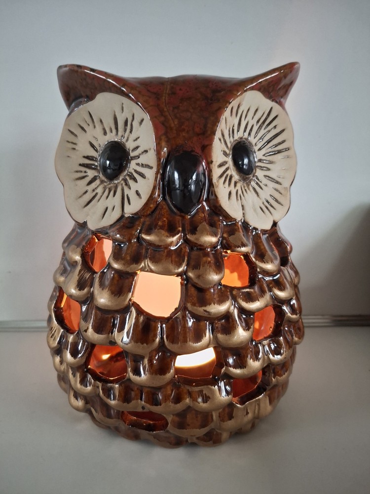 Owl Luminary Candle Holder Lantern Light Great Horned Barn Brown Ceramic 7