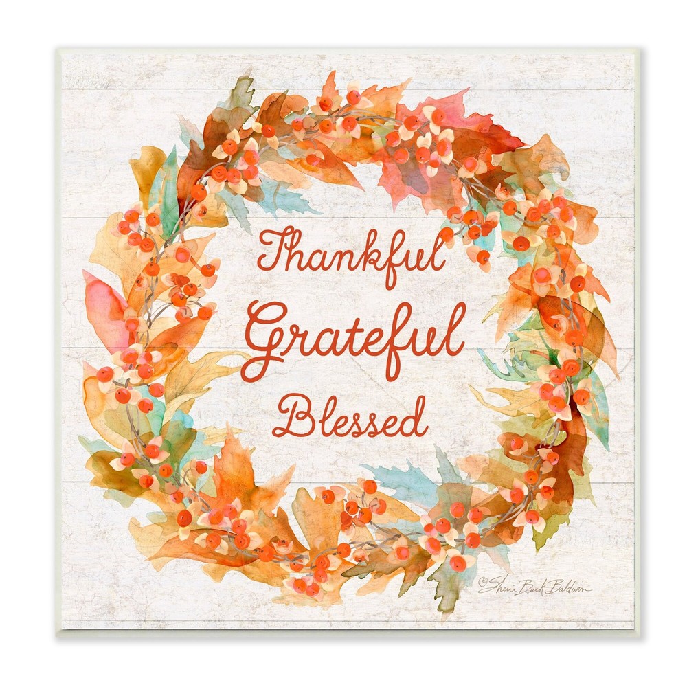 Stupell Beige Autumn Foliage Wreath Thankful Grateful Blessed 12x12