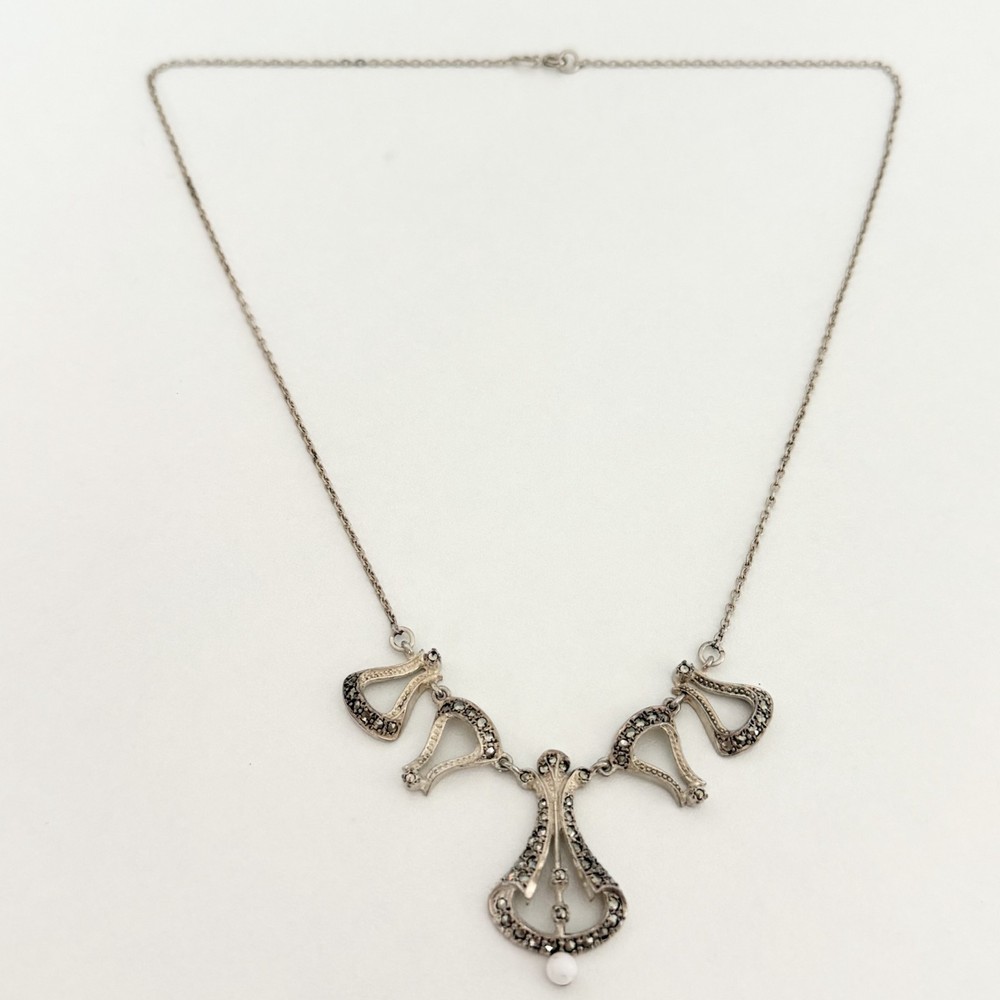 Vintage 925 Sterling Silver Marcasite Ladies Chain Link Fancy Necklace 18.5