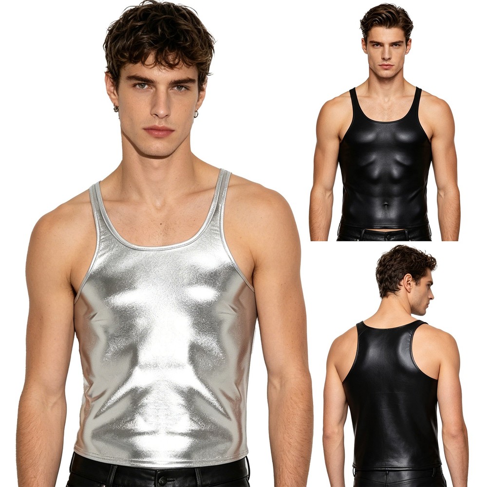 Men Shirt Metallic Tank Costume Sports Show Vest Undershirts Top Singlet Disco