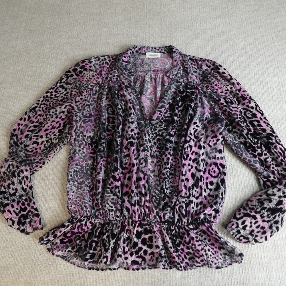 Zadig & Voltaire Womens Top Large Purple Black Tori Velours Devore Leopard Print