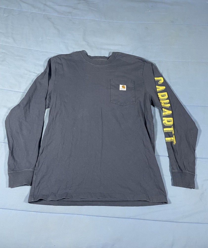Carhartt Loose Fit Navy Crew Neck Pocket Logo Gold Long Sleeve T-Shirt Medium