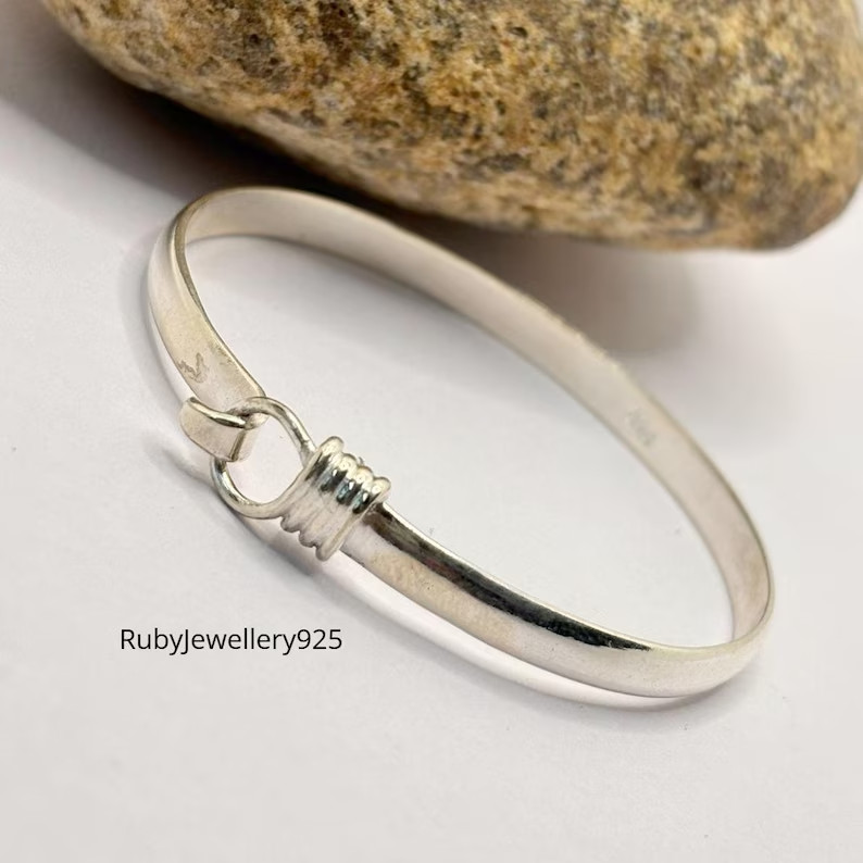 925 Sterling Silver Hook Bangle for Men: Handmade Caribbean Cuff Bracelet