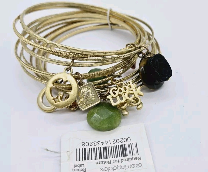 Charm Bangle Bracelet Set of 12 Bloomingdales Luck Gold Tone Stacking LYDELL NWT