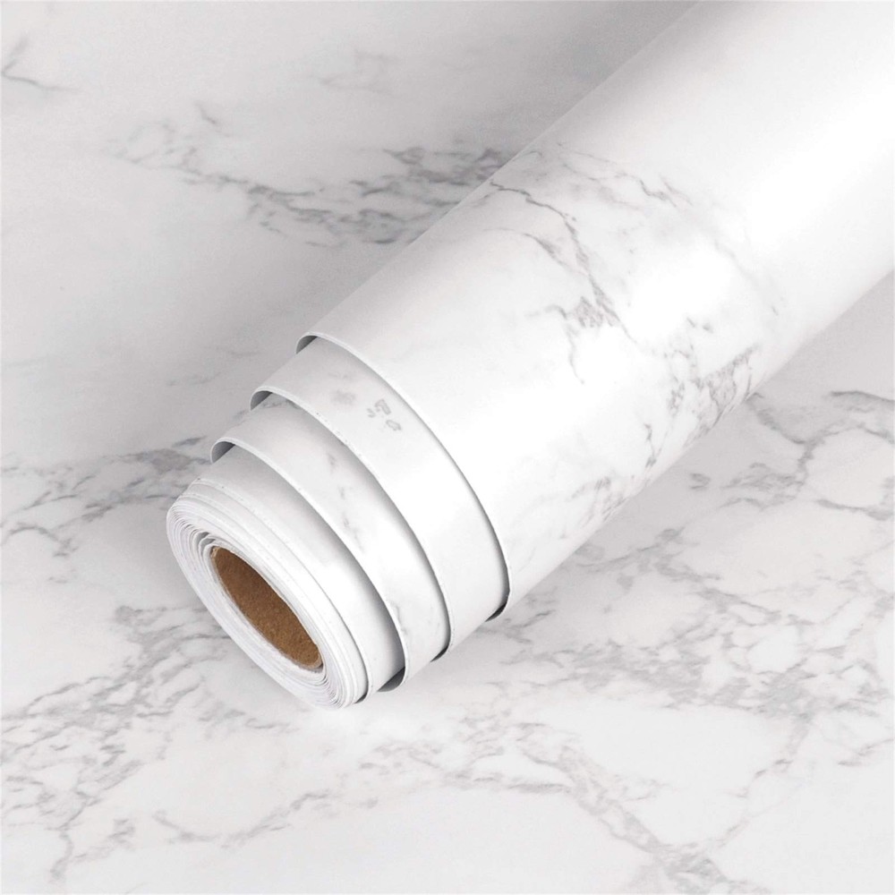 Large Wide 160 x 36 inch Extra Thick Grey White Contact Paper Marble Peel and...