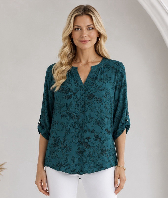 Womens Green Floral V Neck Popover Top Size Medium Dark Romantic Summer Chic