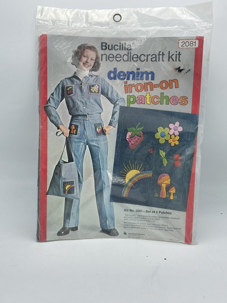 Denim Iron On Patches 2081 Mushroom Rainbow Vintage Bucilla Needlecraft Kit