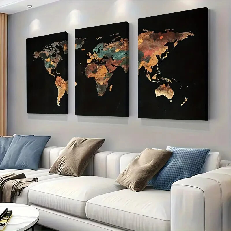 3pcs World Map  with Vibrant Colors on Dark Wall Art  Canvas Unframed/Framed