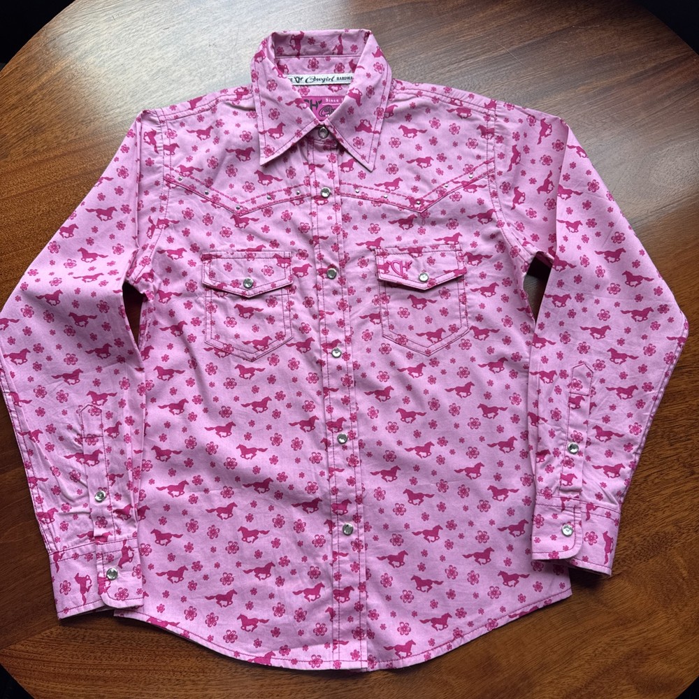 Cowgirl Hardware Girls' Long Sleeve Size 7-8 Snap Shirt pink Horses & Flower