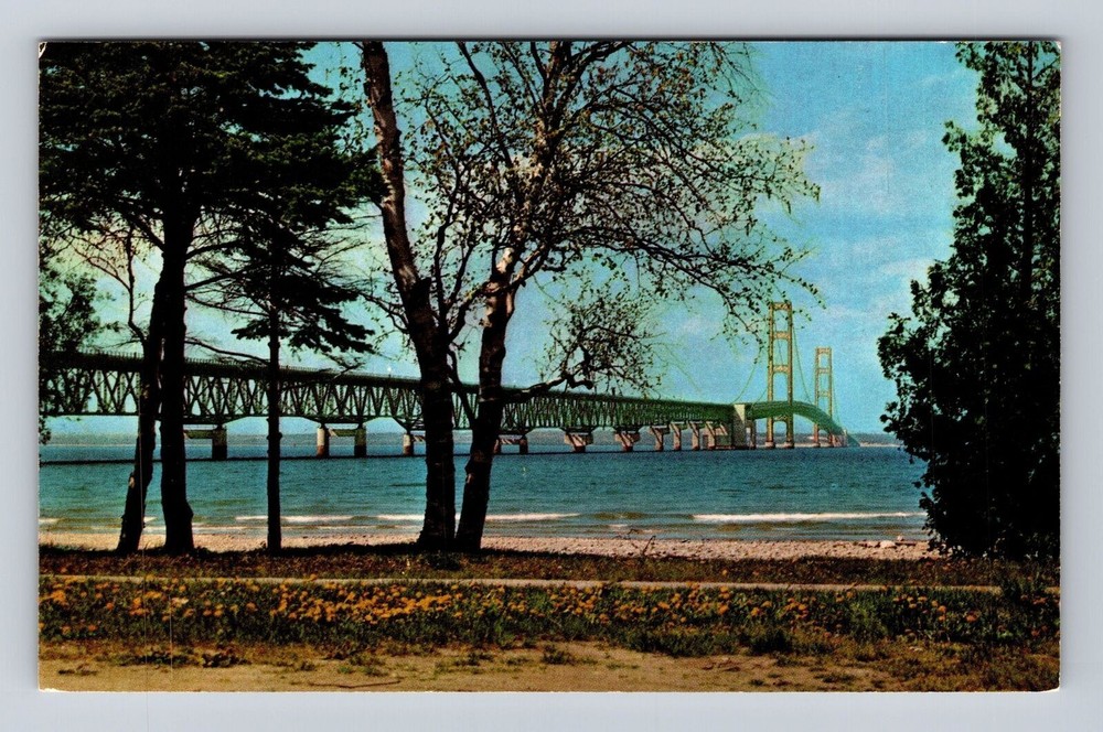 Mackinac Bridge MI-Michigan, Scenic View Of Bridge, Vintage Souvenir Postcard