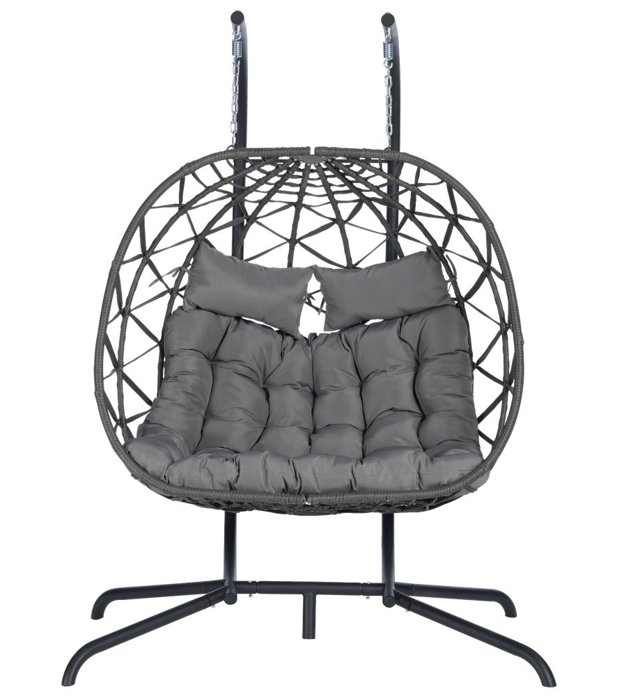 2 Person Outdoor Rattan Hanging Chair Patio Egg Swing Chair with Stand Cushions