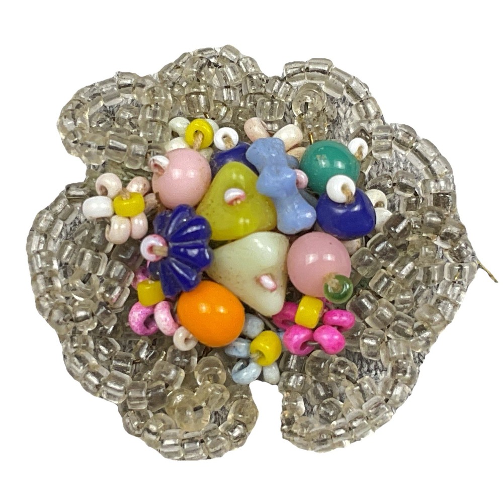 Vintage Miriam Haskell Style Seed Bead Multi-Color Flower Brooch Pin Retro