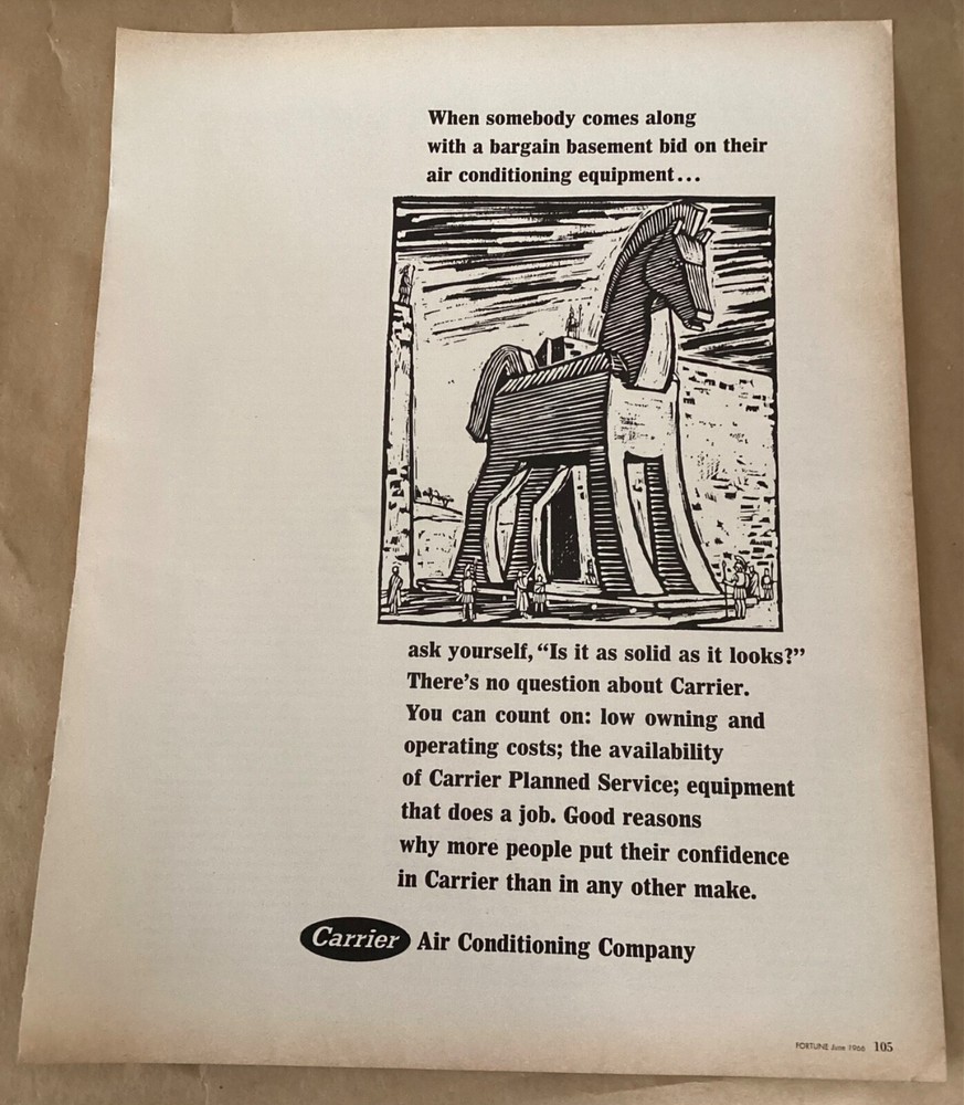 Carrier Air Conditioning print ad 1966 orig vintage 1960s business Trojan Horse
