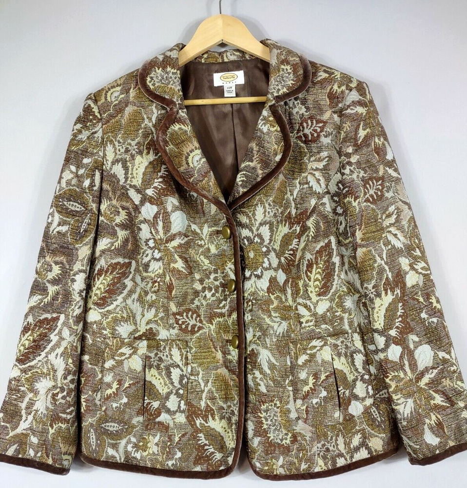 Talbots Jacket Women 14 Brown Jaquard Tapestry Velvet Trim Lined Short Button Up