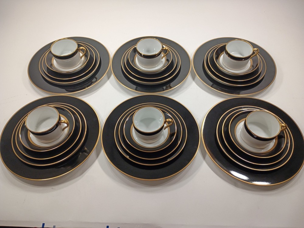 1978 Fitz & Floyd Renaissance 5 Piece 6 Place Set Black On Buff Japan PRISTINE