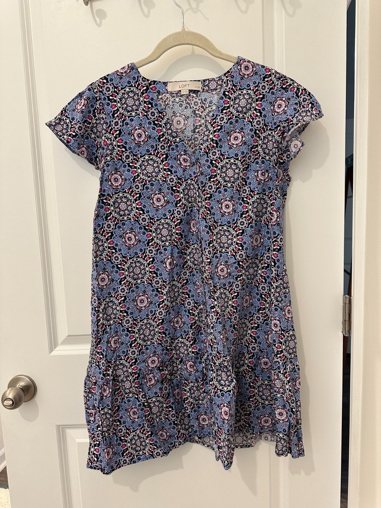 Loft Blue Multicolor Dress Flutter Sleeve Ruffle Tier Hem Summer Chic Size PM