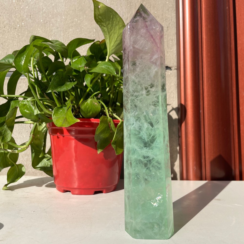 890g Natural Beautiful Green Fluorite Crystal Hexagon Tower Quartz Healing