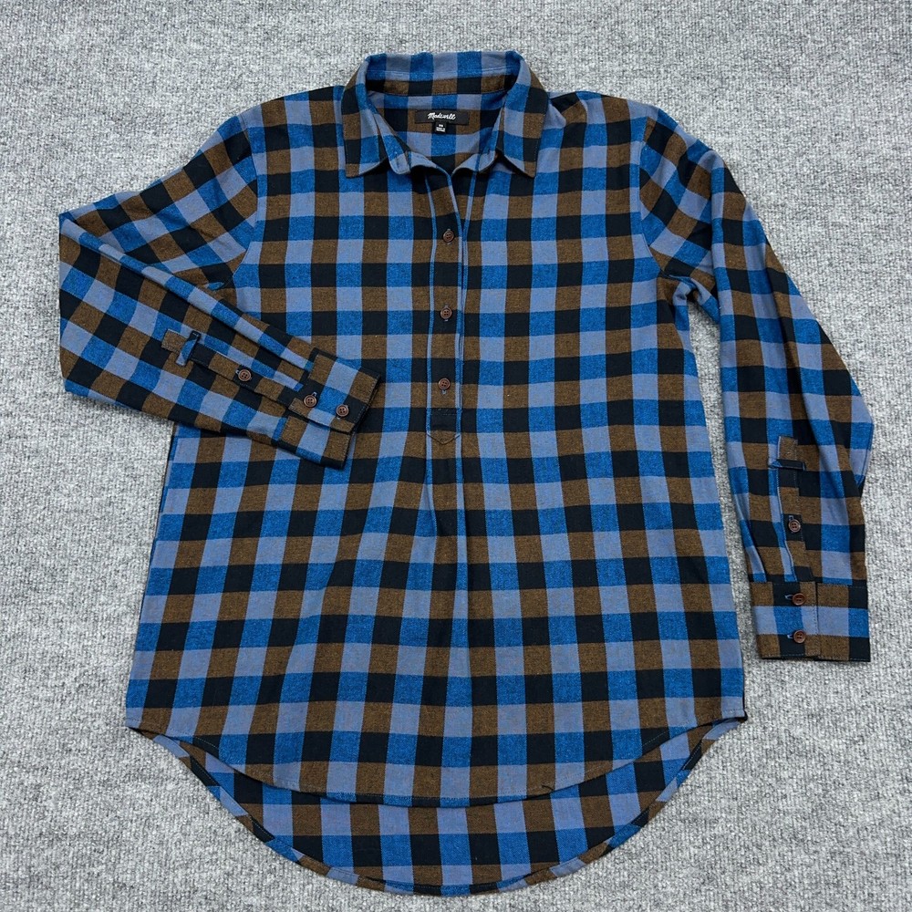 Madewell Top Womens XS Blue Buffalo Check Flannel Drop-Shoulder Popover Shirt