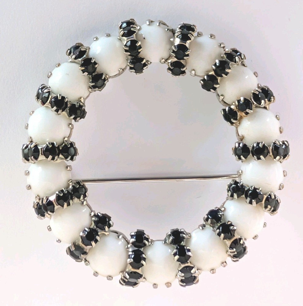 Vintage Brooch Milk Glass & Jet Black Rhinestones Silver Toned