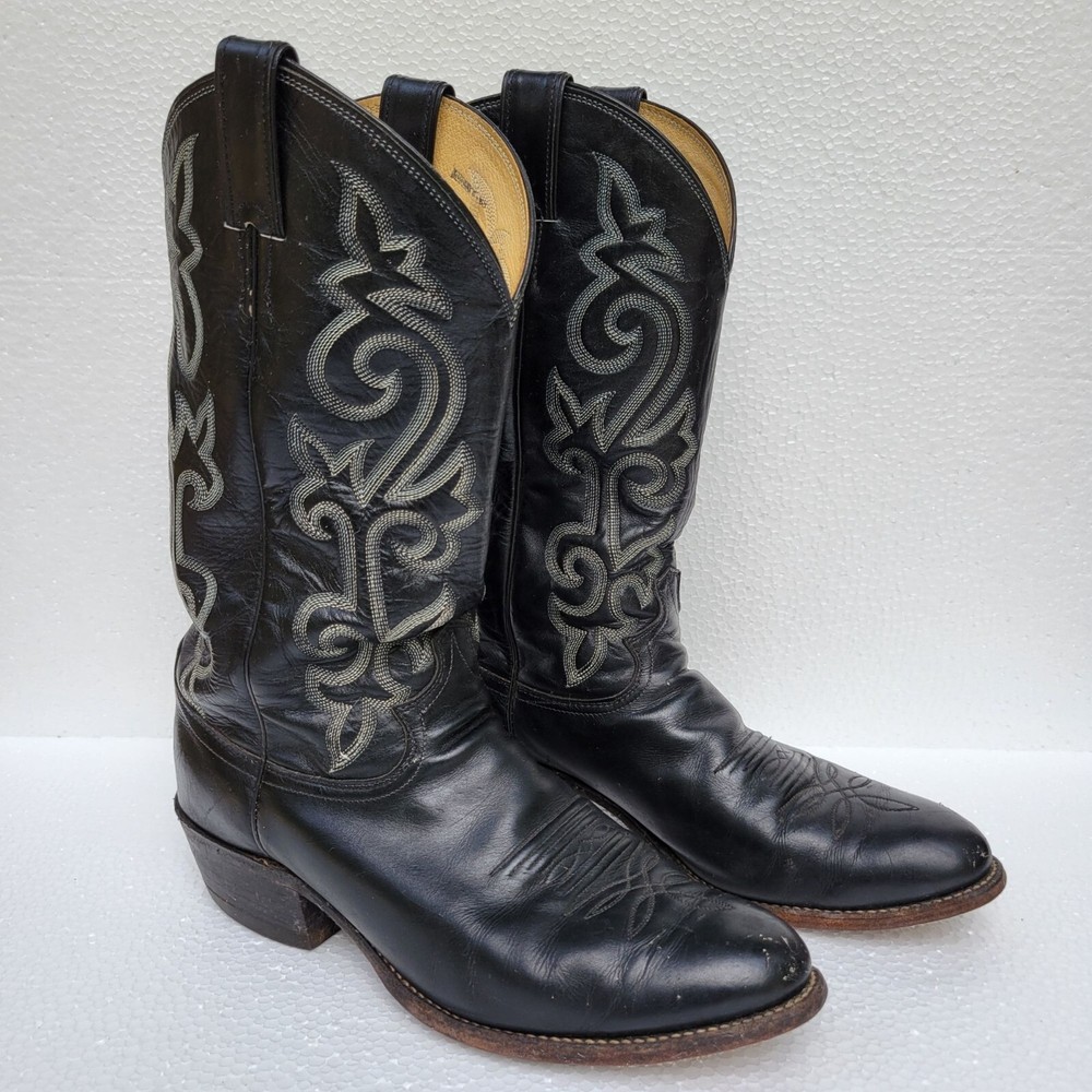 Justin Mens Sz 10D Black Leather Western Cowboy Boots with Embroidered Shaft