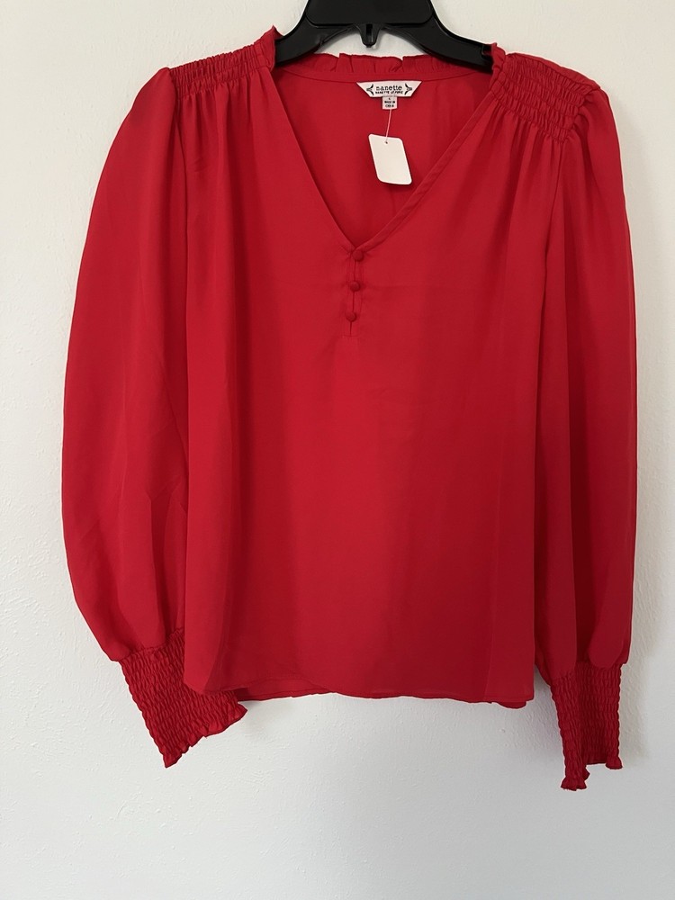 Nanette Lepore Red Smocked Button Long Sleeve V-Neck Blouse L